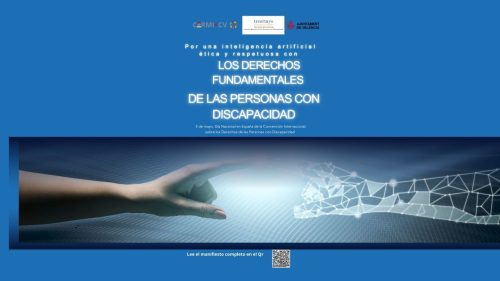 Cartel del CERMI-CV con el lema “Por una inteligencia artificial ética y respetuosa con los derechos de las personas con discapacidad”. Aparecen una mano humana y una digital tocándose. Incluye logos institucionales y un código QR para acceder al manifiesto completo.