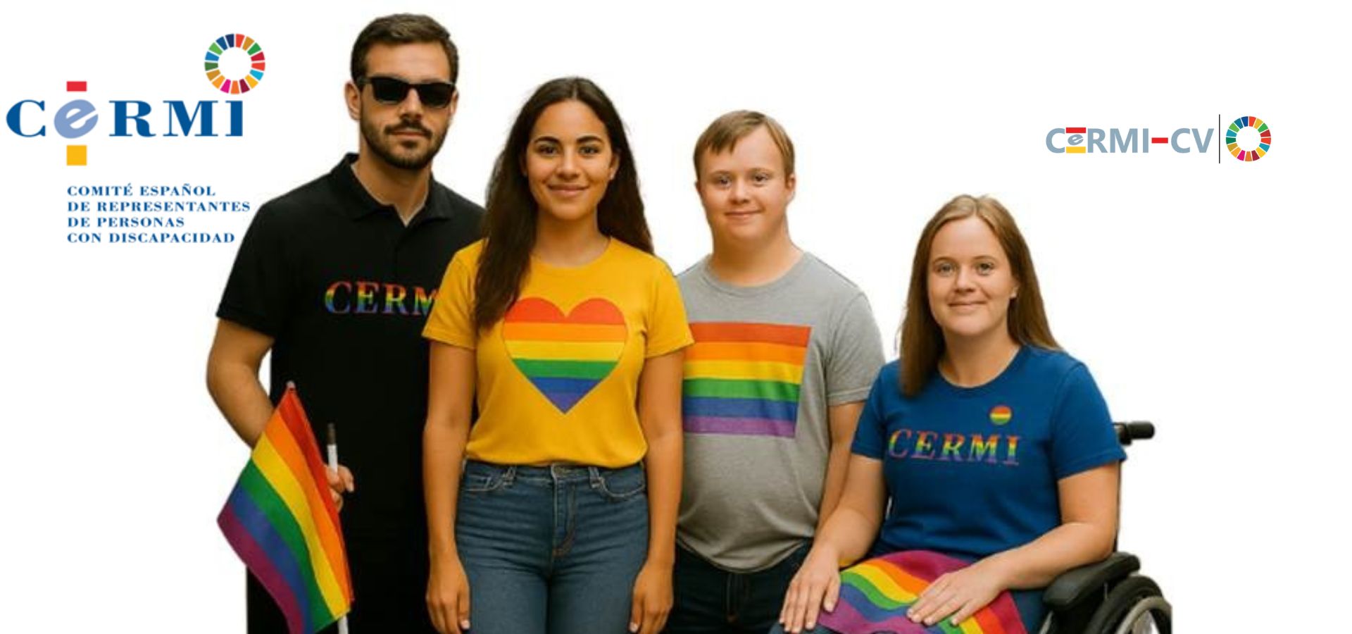Fotografía de cuatro personas con discapacidad, diversas en género y corporalidad, posando con orgullo y sonriendo. Visten camisetas con la bandera arcoíris LGTBI+, algunas con el logo del CERMI (Comité Español de Representantes de Personas con Discapacidad). Una persona en silla de ruedas lleva una bandera arcoíris sobre las piernas; otra persona sostiene una bandera. Al fondo, sobre fondo blanco, se ven los logotipos del CERMI estatal y CERMI Comunidad Valenciana, junto al símbolo de los Objetivos de Desarrollo Sostenible. La imagen transmite inclusión, visibilidad y orgullo por la diversidad.