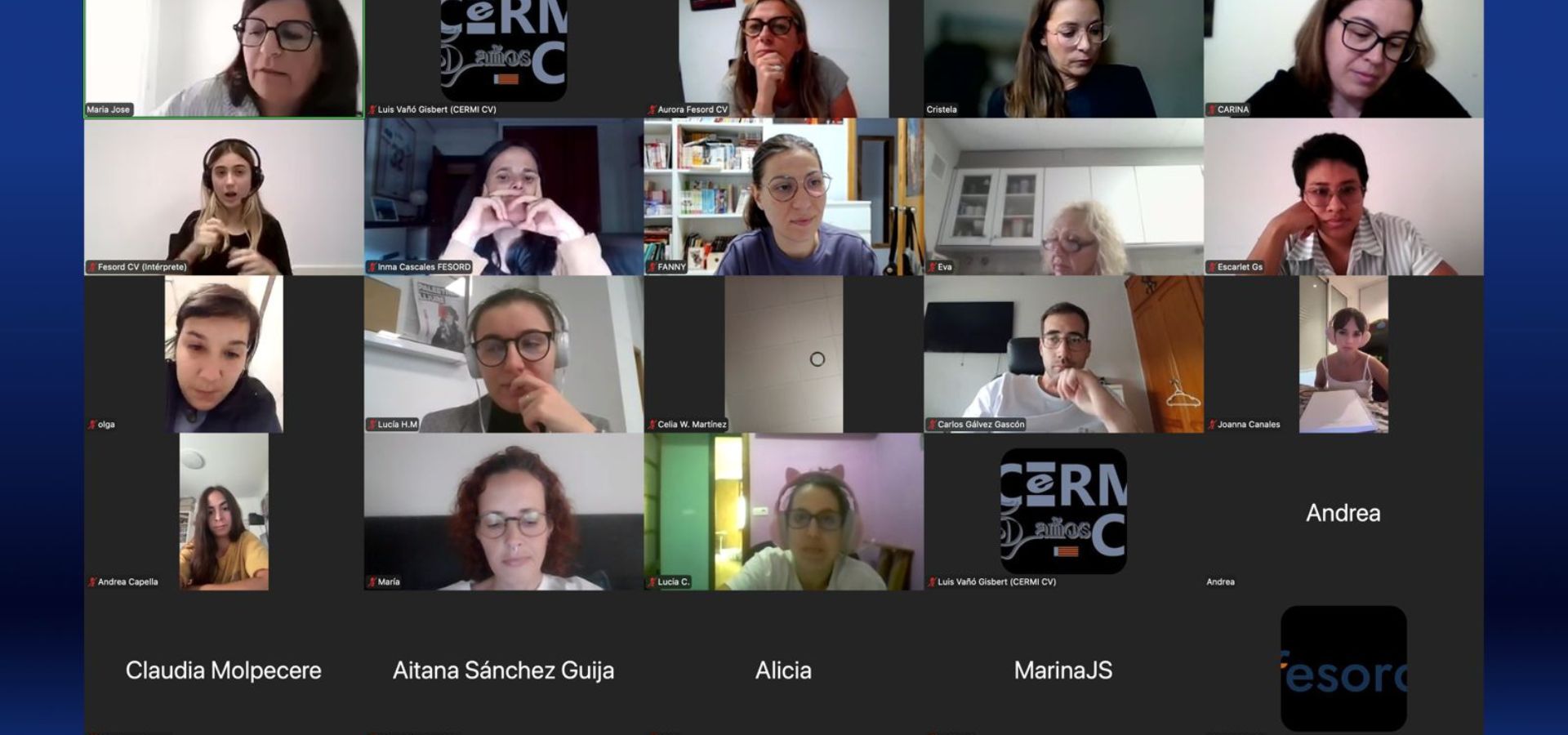 Diseño sin título (9) Captura de pantalla de una videollamada grupal con motivo del inicio del Curso de Formación Específica en Asistencia Personal organizado por CERMI CV. En la imagen se muestran múltiples participantes, cada uno en su recuadro, algunos con intérprete de lengua de signos y otros tomando notas o escuchando atentamente. Aparecen nombres de personas y organizaciones asociadas a la discapacidad. El fondo de la videollamada incluye el logotipo de CERMI en varios recuadros.