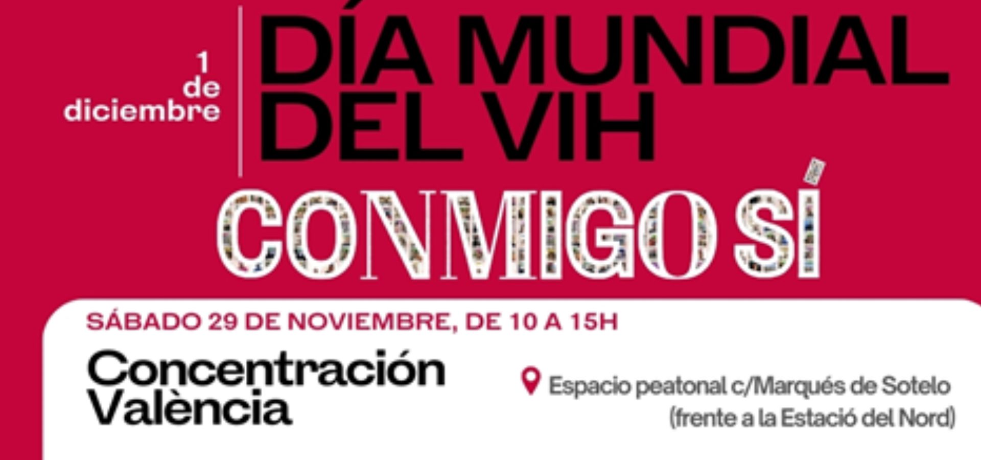“cartel del día mundial del vih. en la parte superior aparece la fecha ‘1 de diciembre’ junto al título grande ‘día mundial del vih’. debajo, el lema ‘conmigo sí’. se anuncia una concentración en