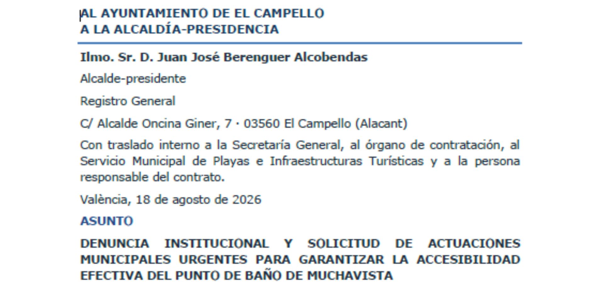 El CERMI-CV denuncia ante el Ayuntamiento de El Campello la situación del baño accesible de Muchavista